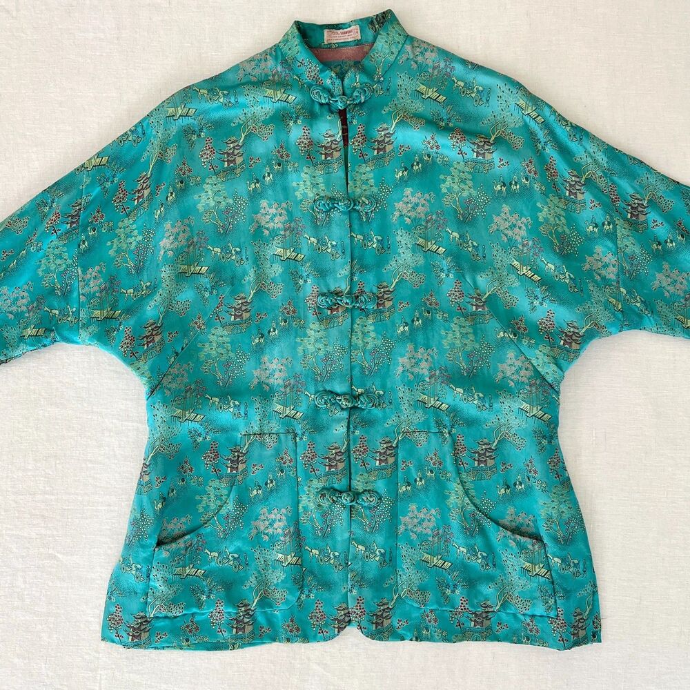 Vintage Turquoise Silk Brocade Shanghai Jacket Frog Closure Mandarin Collar Sz L